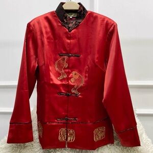 Red Satin Embroidered Mandarin Jacket